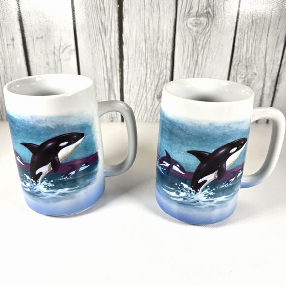 Vintage Otagiri Japan Killer Whale Hand Painted Ceramic Coffee Mug Set of 2 - Picture 1 of 9